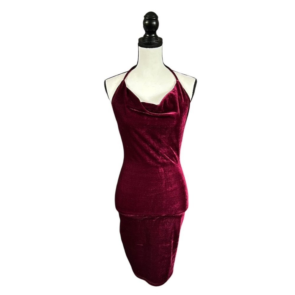 SALE Vintage Y2K Burgundy Stretch Velvet Cowl Halter Bodycon Dress 90s Goth S